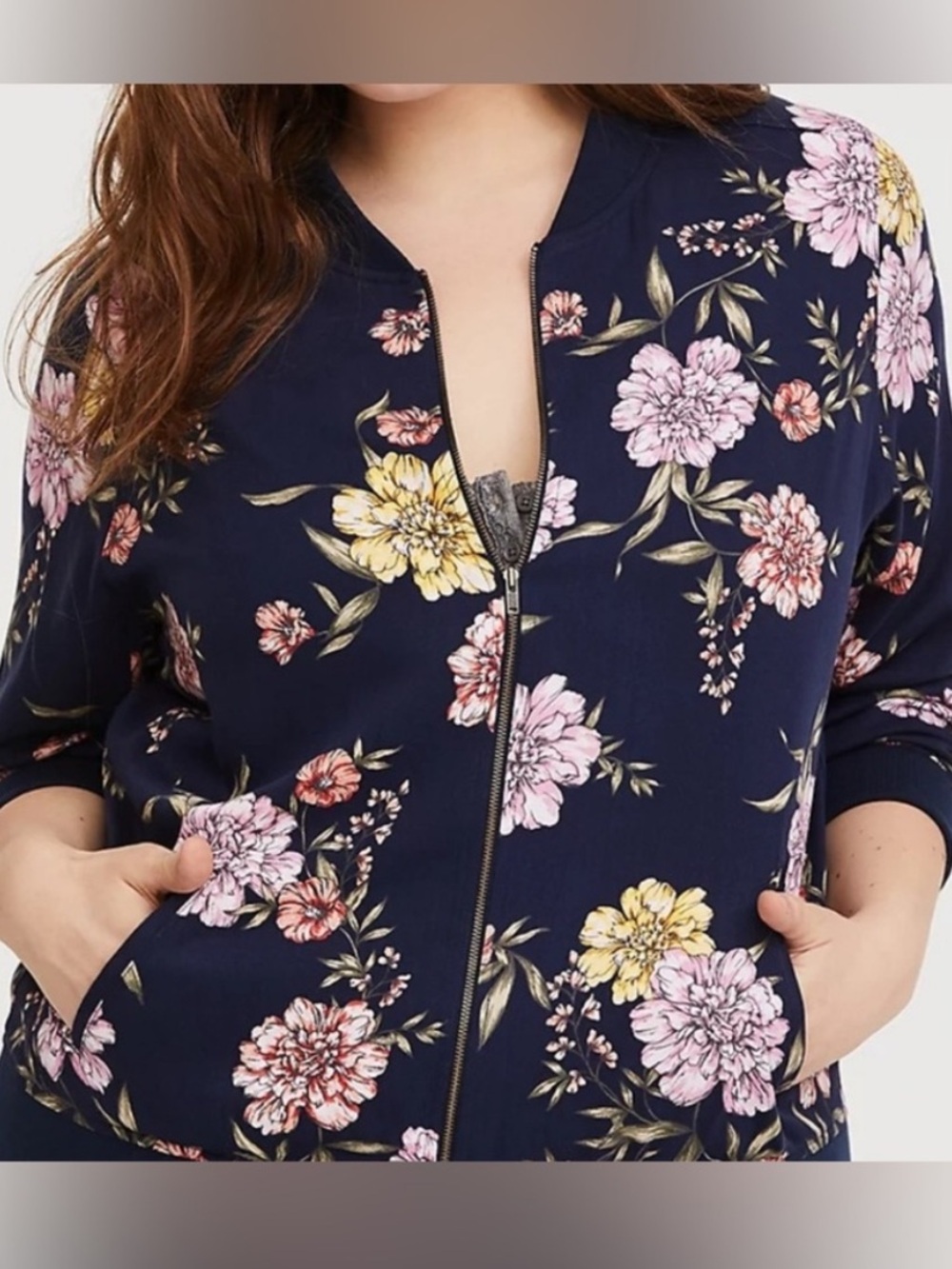 Torrid blue floral zip up bomber jacket coat size XXL